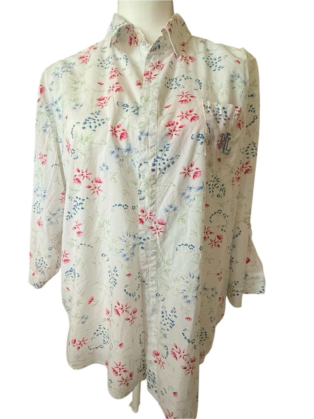 Ralph Lauren White Floral Button-Down Shirt with Pink & Blue Accents